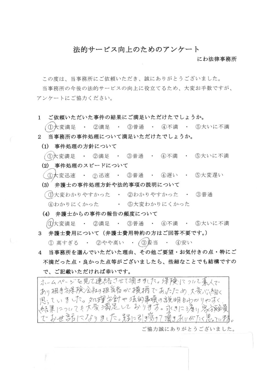丹羽弁護士は処理方針や法的事項の説明もわかりやすく、結果についても大変満足していると依頼者の言葉