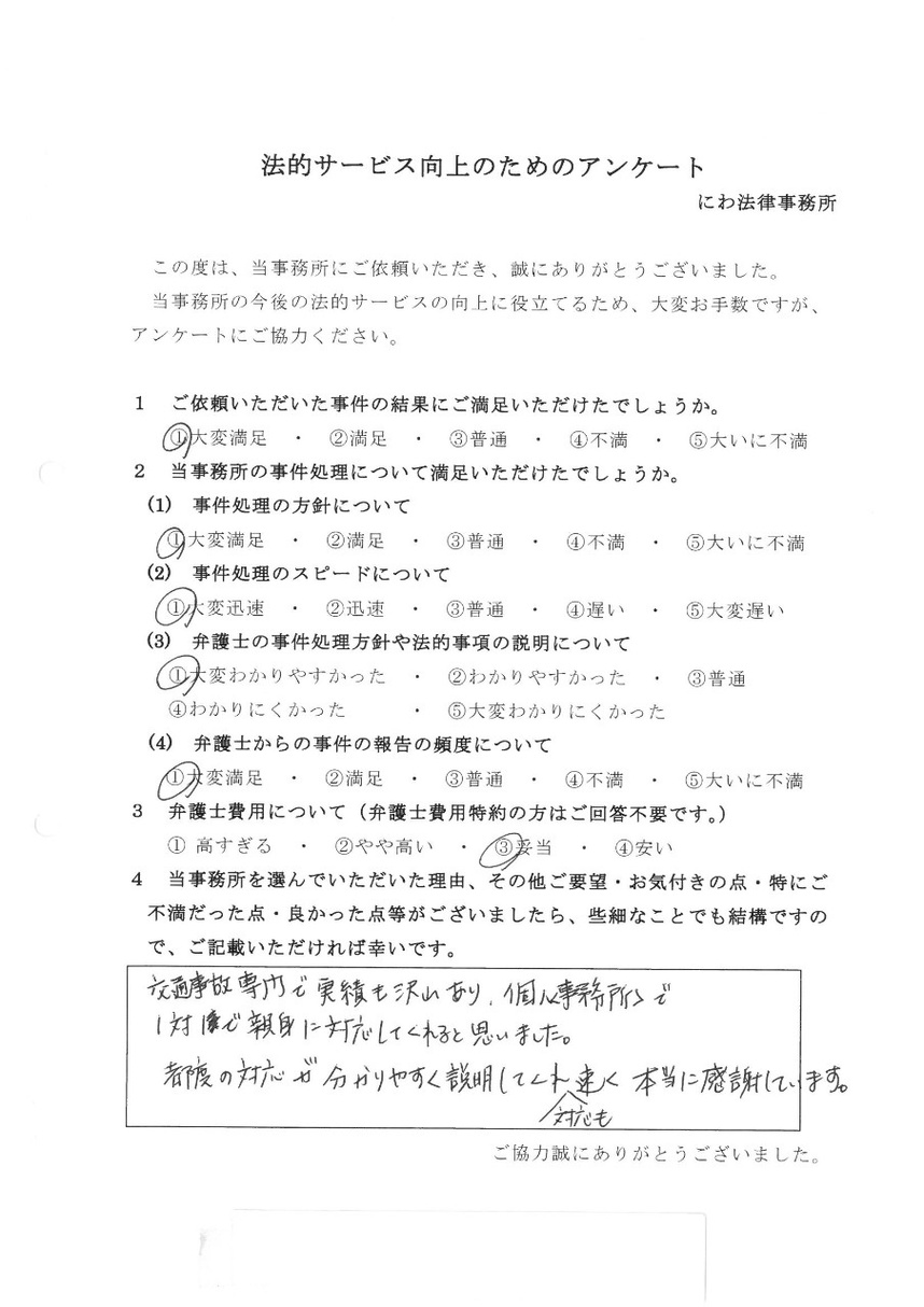 交通事故専門のにわ弁護士のわかりやすい説明、迅速な対応に感謝していると依頼者の言葉