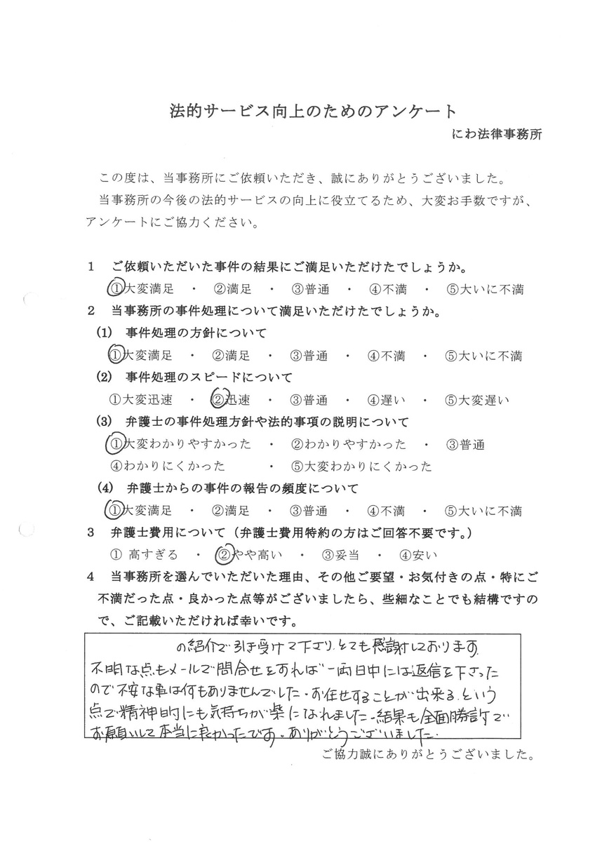 丹羽弁護士に依頼し、全面勝訴な結果に感謝していると依頼者の言葉