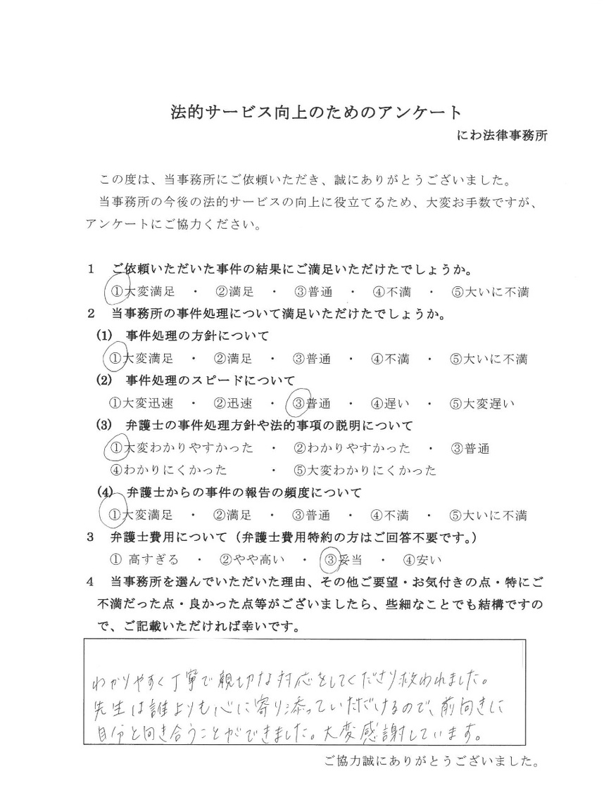 心に寄り添ってくれる丹羽先生のおかげで前向きになれてと依頼者の言葉