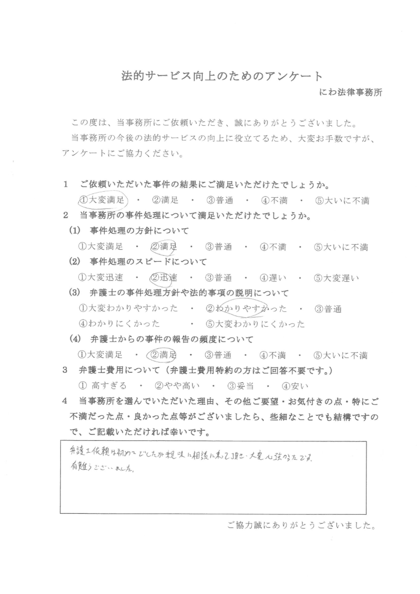 丹羽弁護士が親切に交通事故の相談にのってくれて大変心強かったと依頼者の言葉
