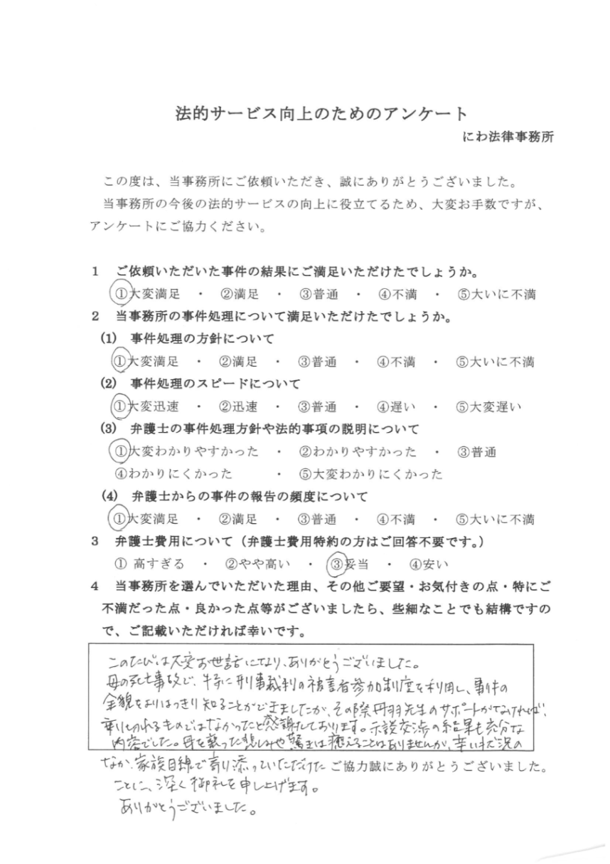 丹羽先生のサポートがなければ、 乗り切れるものではなかったと依頼者の感謝の言葉